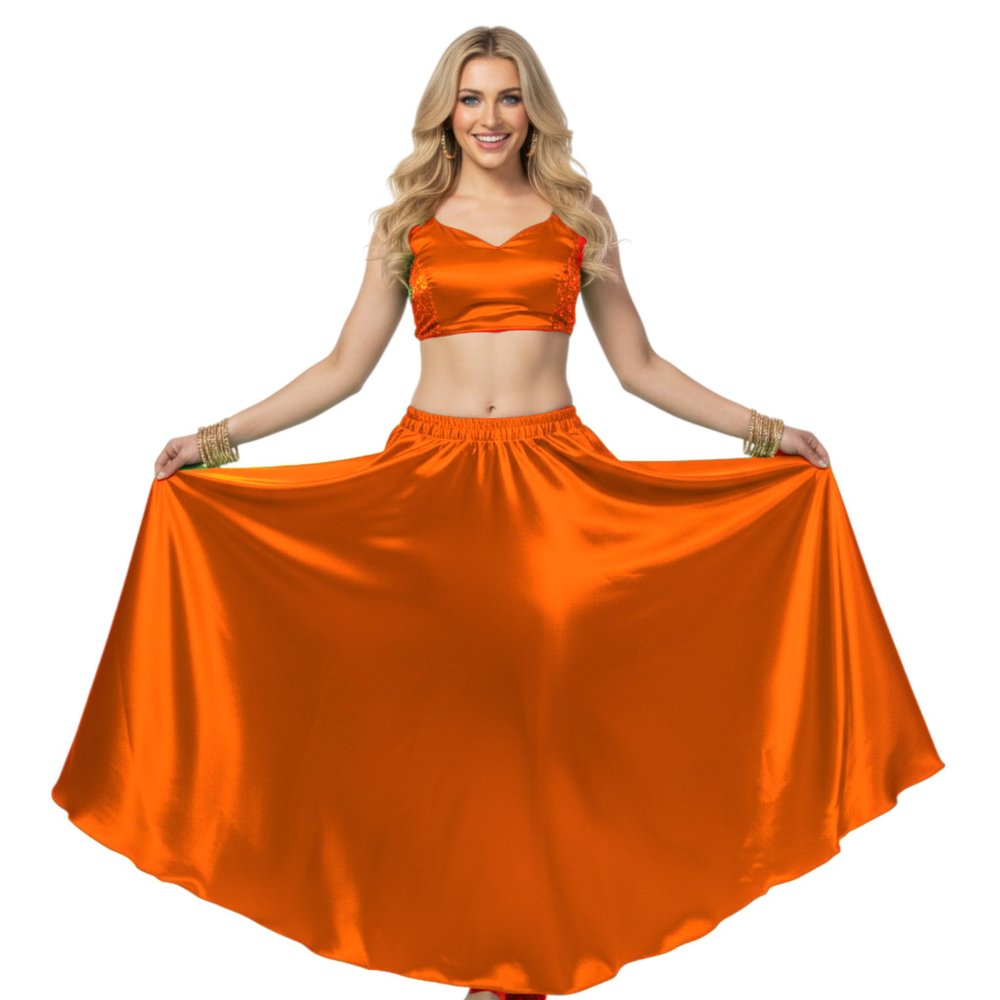 Belly Dance Skirt Satin Half Circle Skirt for Women | Maxi Full Flowy Ballroom Gypsy Practice Costume | 41 Colors One Size Orange