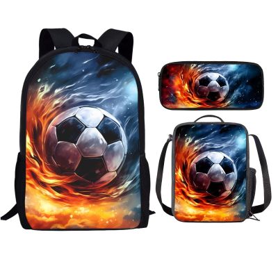 INSTANTARTS Flame Soccer Backpack Sets for Boys Middle School Bag 8-12 Travel Shoulder Bag Kindergarten Bookbags and Lunch Box Pencil Case 3 Pcs Hiking Rucksack