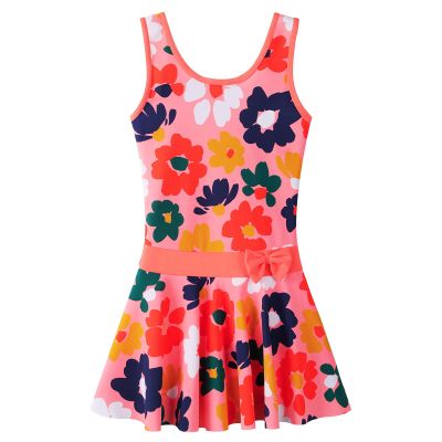 Girls Swimsuit One Piece UPF 50+ Floral Skirted Bathing Suit Modest Beach Swim Dress S472_PeachFlower_104/110