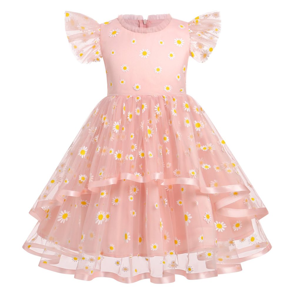 Daisy Dress Baby Girl: Toddler Sequins Ruffle Tutu Dress Flower Bowknot Dots Summer Flutter Sleeves Princess Birthday Party Dresses for Kids Formal Holiday Beach Dance Gown Pink - Daisy 5-6X