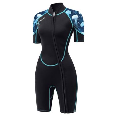 AICARSHI Women's 3mm Neoprene Shorty Wetsuit - Blue - Diving, Snorkeling, Surfing, Swimming - Women's Adult - Front Zip - Short Sleeve