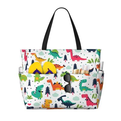 AMAZWI Colorful Dinosaurs Large Beach Tote Bag,Women Sandproof Zipper Beach Travel Bag For Travel Vacation Gym