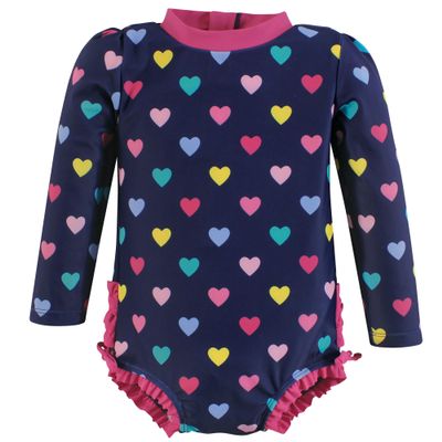 Hudson Baby Girls Rashguard Baby and Toddler Swimsuit, Navy Hearts, 5T