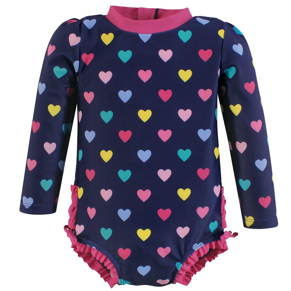 Hudson Baby Girls Rashguard Baby and Toddler Swimsuit, Navy Hearts, 5T