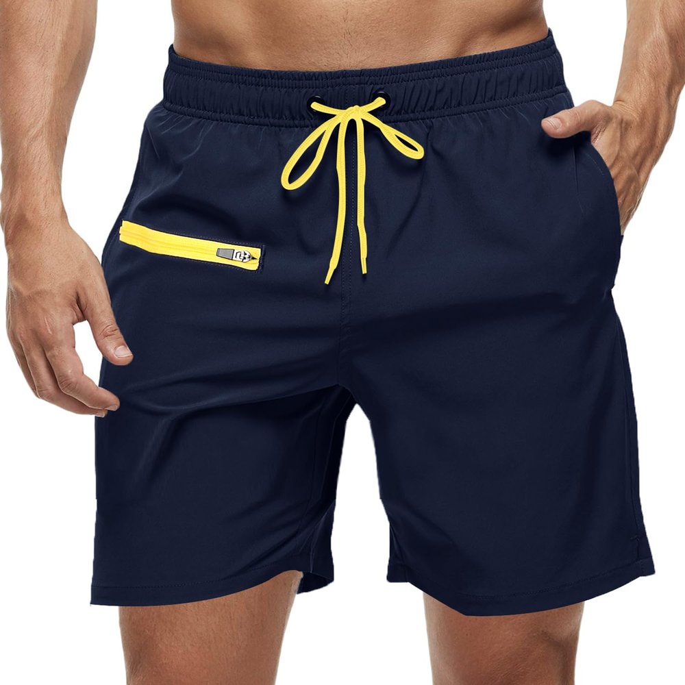 Meegsking Mens Swim Trunks with Compression Liner - 2 in1 Quick Dry Swim Shorts Bathing Suits with Zipper Pockets Dark Blue
