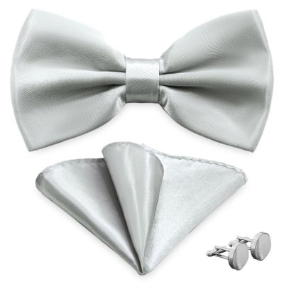 SYAYA Bow Ties for Men, Silk Formal Tuxedo Bow Tie for Boy, Tux Bowtie For Wedding U-SY-B2 (Light Gray - Bowtie & Pocket Square & Cufflink)