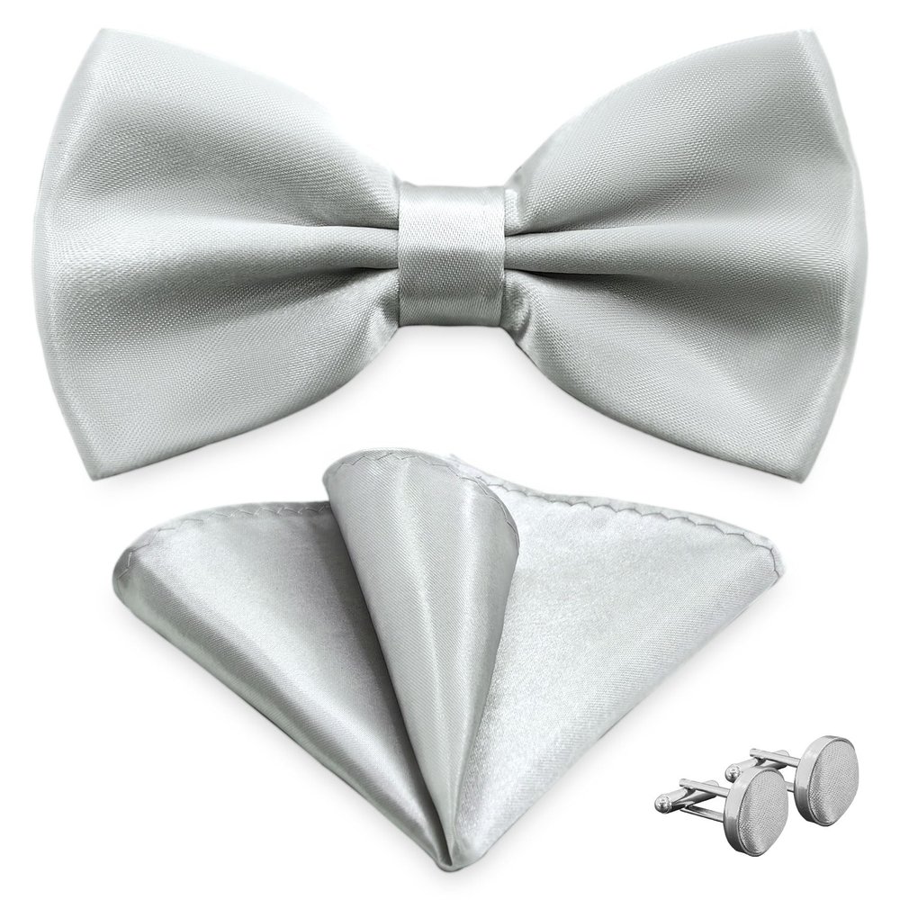 SYAYA Bow Ties for Men, Silk Formal Tuxedo Bow Tie for Boy, Tux Bowtie For Wedding U-SY-B2 (Light Gray - Bowtie & Pocket Square & Cufflink)