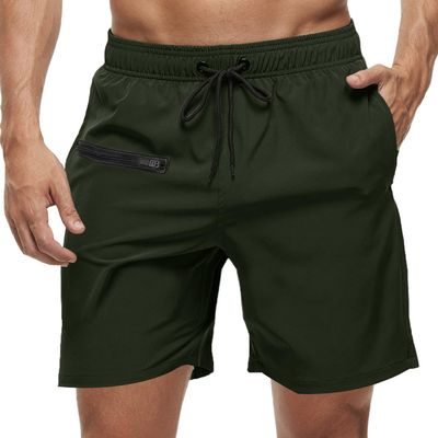 Meegsking Mens Swim Trunks with Compression Liner - 2 in1 Quick Dry Swim Shorts Bathing Suits with Zipper Pockets Green