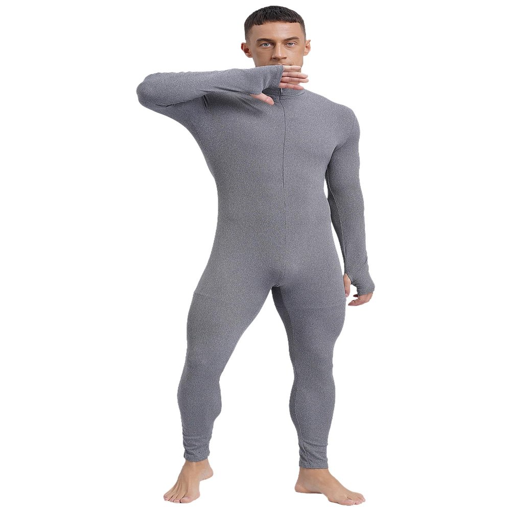 Vxuxlje Men's Mock Neck Long Sleeve Full Bodysuit Athletic Unitard Stretchy Ribbed Tight Jumpsuit Dark Gray X-Large