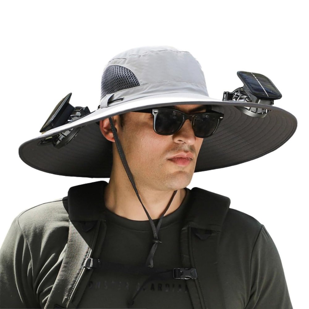 DASHENRAN Wide Brim Solar Fan Outdoor Fishing Hat-Solar & USB Charging,Outdoor Fishing Hat,Hat with Fan,Solar Fan Hat Upf50+ (US, Alpha, One Size, Light Gray)