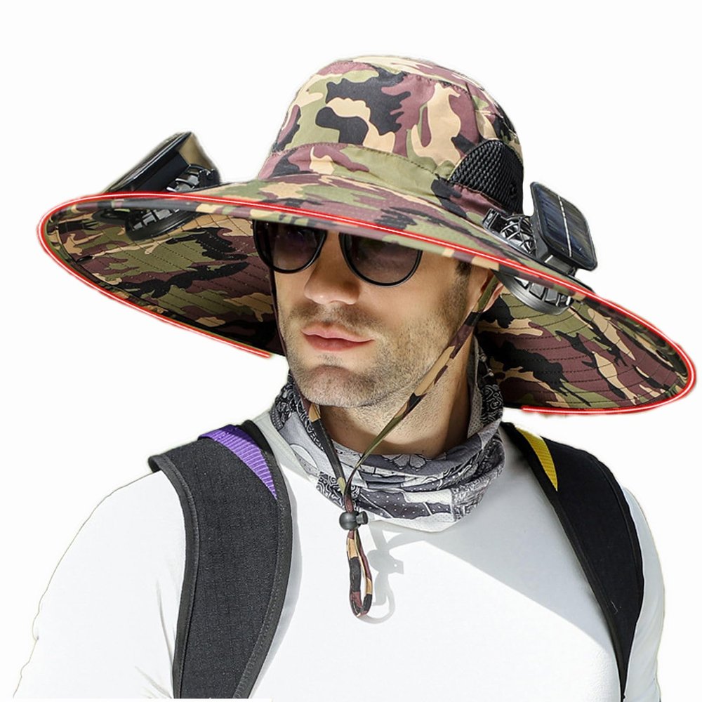 DASHENRAN Wide Brim Solar Fan Outdoor Fishing Hat-Solar & USB Charging,Outdoor Fishing Hat,Hat with Fan,Solar Fan Hat Upf50+ (US, Alpha, One Size, Camouflage1Reinforced Brim)