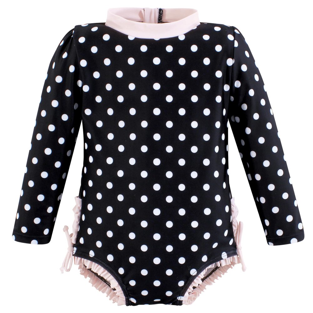 Hudson Baby Girls Rashguard Baby and Toddler Swimsuit, Black Dot Pink, 3T