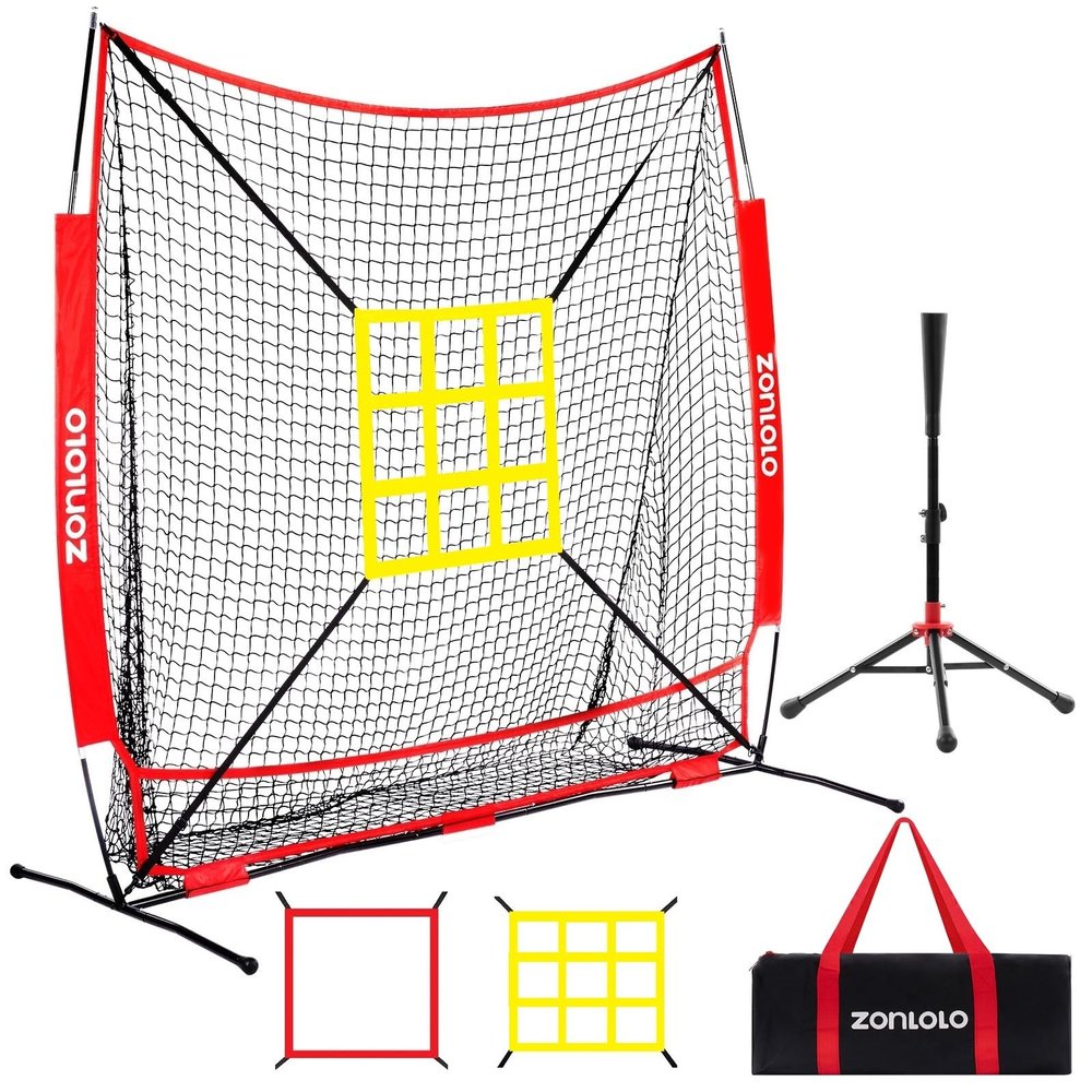 ZONLOLO 6x6ft Baseball & Softball Net for Hitting,Pitching and Batting, Throwing,Baseball net with Sturdy Bow Frame,Battting Tee,Strike Zone, Middle Size,Suitable for Kids! (Red)