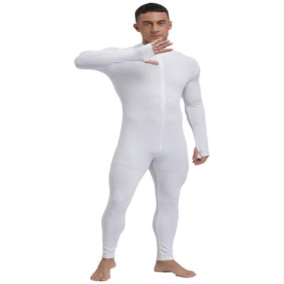 Hularka Men's Ribbed Athletic Jumpsuit Mock Neck Long Sleeve Bodysuit Unitard Workout Yoga Leotard White X-Large