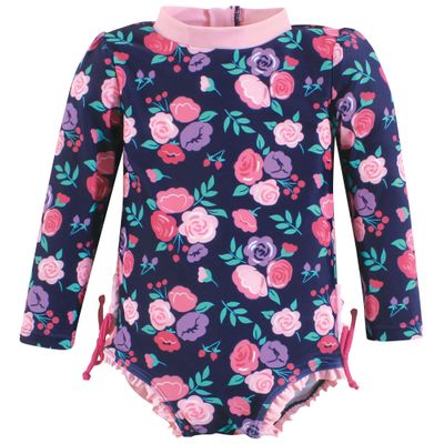 Hudson Baby Girls Rashguard Baby and Toddler Swimsuit, Navy Bright Pink Floral, 4T