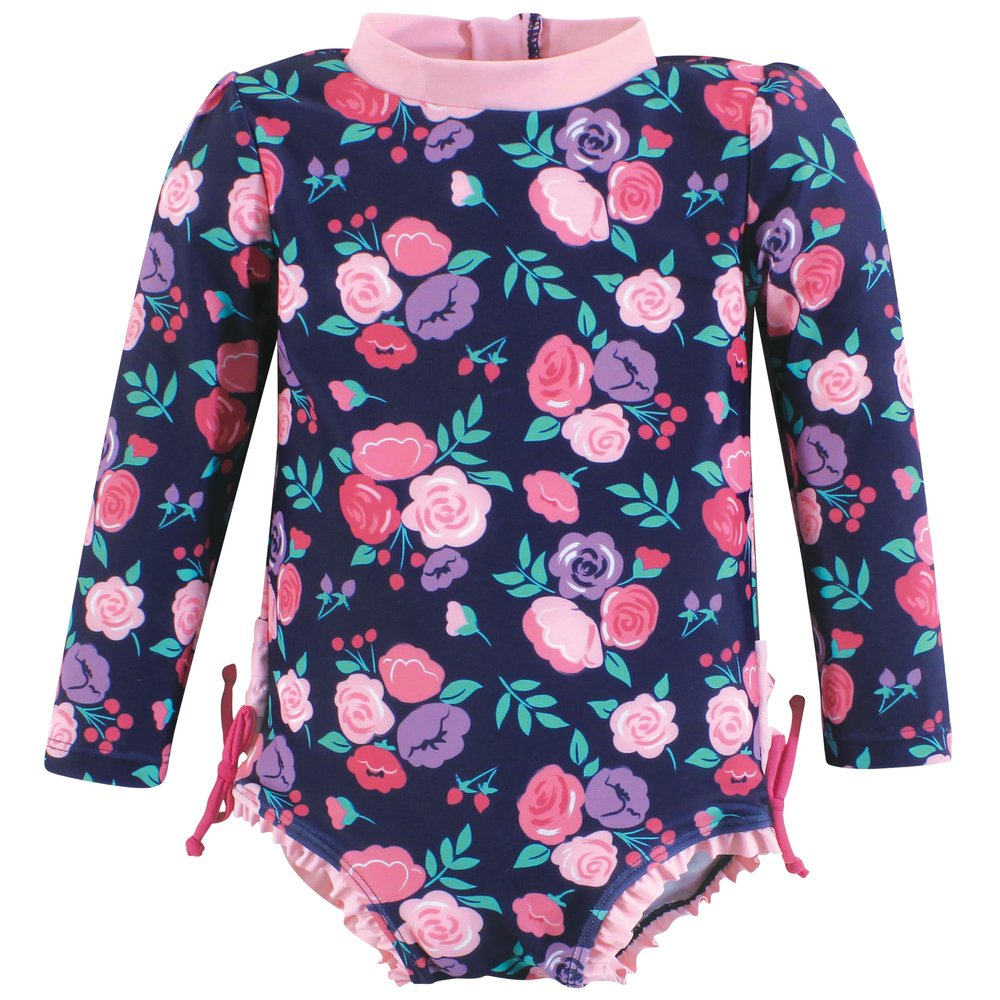 Hudson Baby Girls Rashguard Baby and Toddler Swimsuit, Navy Bright Pink Floral, 4T