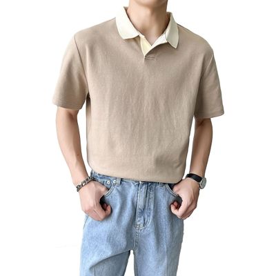 Men's Short Sleeve Polo Shirt Fashion V-Neck Lapel Tennis Loose Shirt Lightweight Cotton Solid Color Polo Shirts (Large,Khaki)