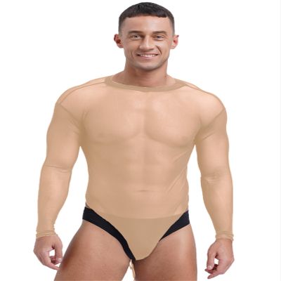 Miutii Mens Mesh See through Long Sleeve Bodysuit Lingerie Nightwear High Cut Lace-up Crotch Leotard Nude Large