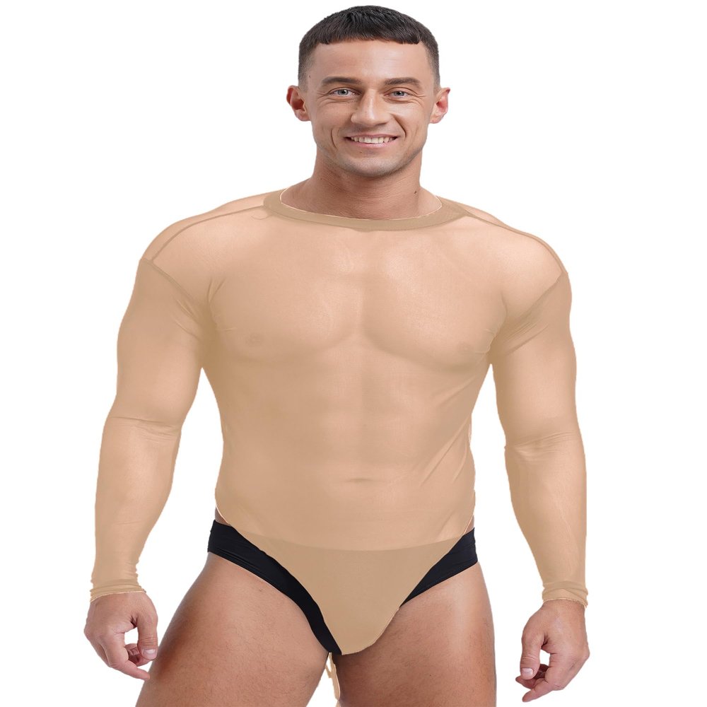 Miutii Mens Mesh See through Long Sleeve Bodysuit Lingerie Nightwear High Cut Lace-up Crotch Leotard Nude Large