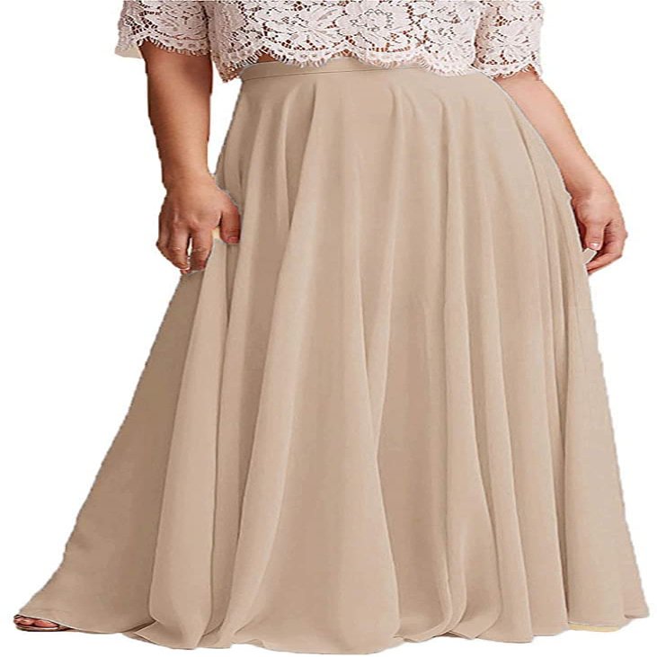 ELAWBTY Long Maxi Floor Lengh Chiffon Skirt Elastic High Waist Bridesmaid Skirt Champagne XL-XXL