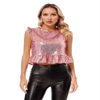 Agoky Womens Big Girls Shiny Sequins Ruffled Sleeves T-Shirts Top Peplum Shirts Dance Crop Tops Pink Small
