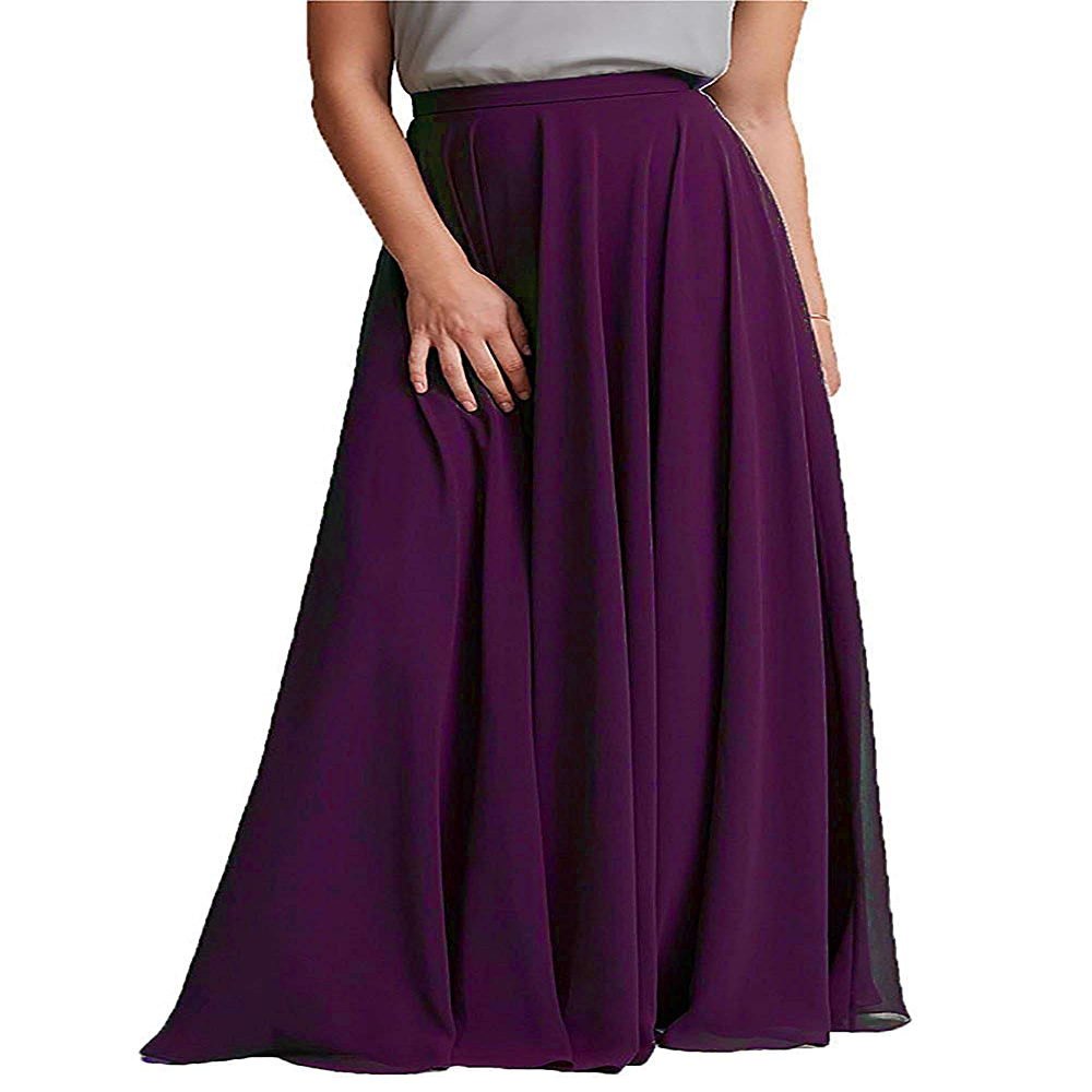 ELAWBTY Long Maxi Floor Lengh Chiffon Skirt Elastic High Waist Bridesmaid Skirt Purple S-M
