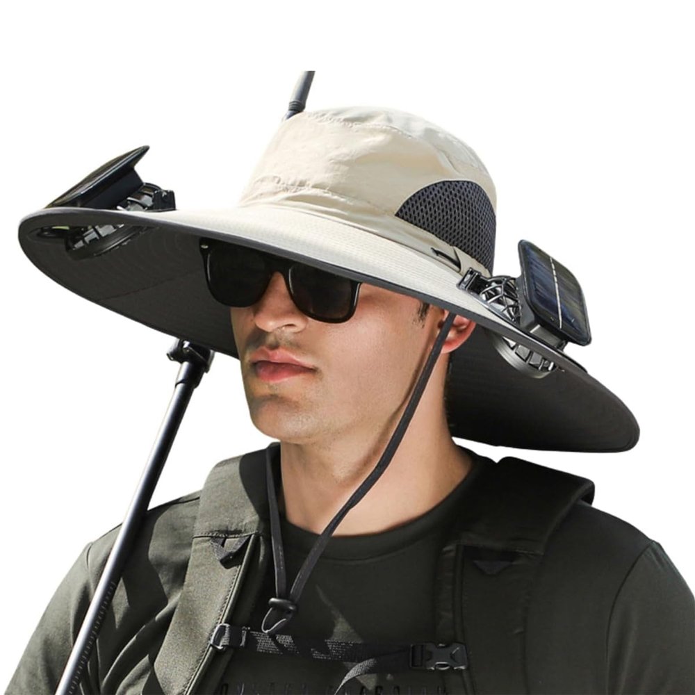 DASHENRAN Wide Brim Solar Fan Outdoor Fishing Hat-Solar & USB Charging,Outdoor Fishing Hat,Hat with Fan,Solar Fan Hat Upf50+ (US, Alpha, One Size, Khaki)