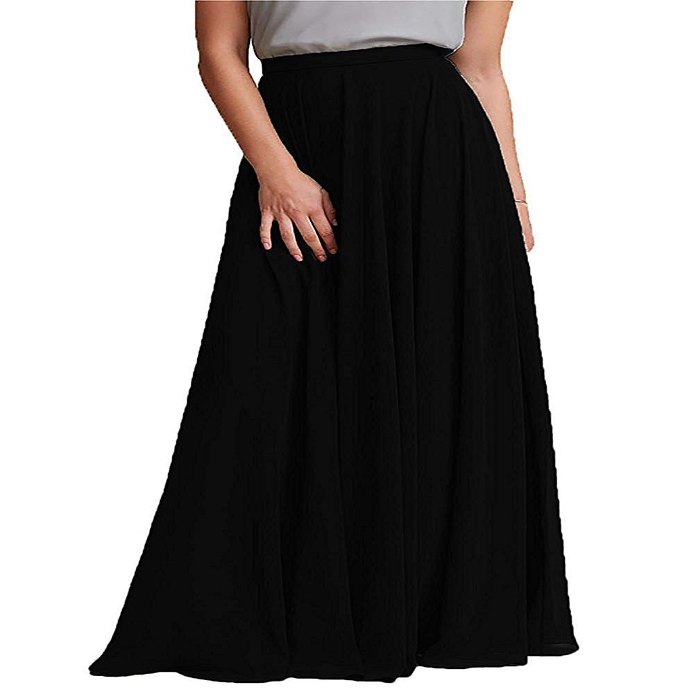 ELAWBTY Long Maxi Floor Lengh Chiffon Skirt Elastic High Waist Bridesmaid Skirt Black S-M