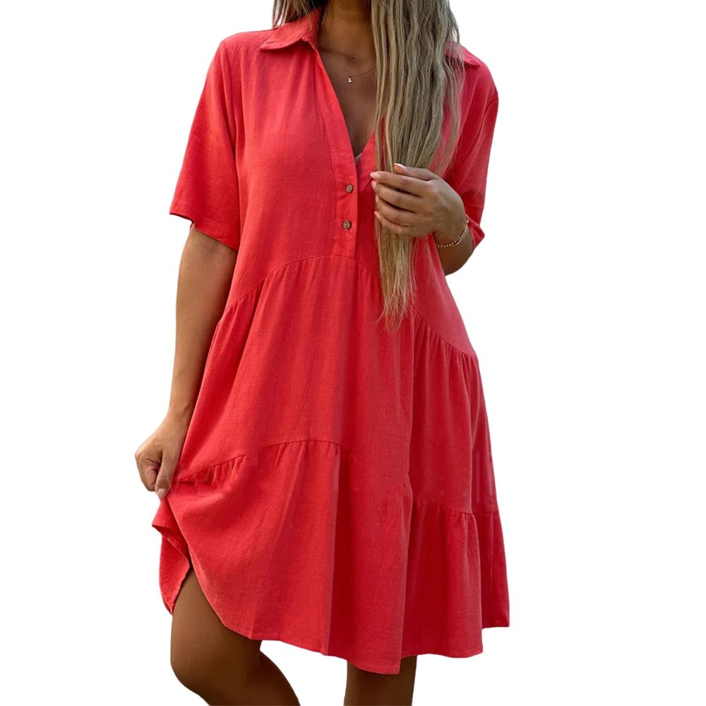 KAJXZ Summer Dresses for Women 2024 Casual V Neck Ruffle Button Dresses Short Sleeve Solid Color Elegant Boho Mini Dress