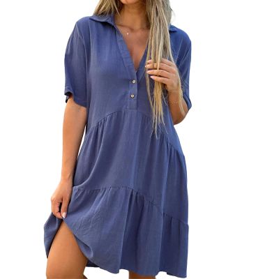 KAJXZ Summer Dresses for Women 2024 Casual V Neck Ruffle Button Dresses Short Sleeve Solid Color Elegant Boho Mini Dress
