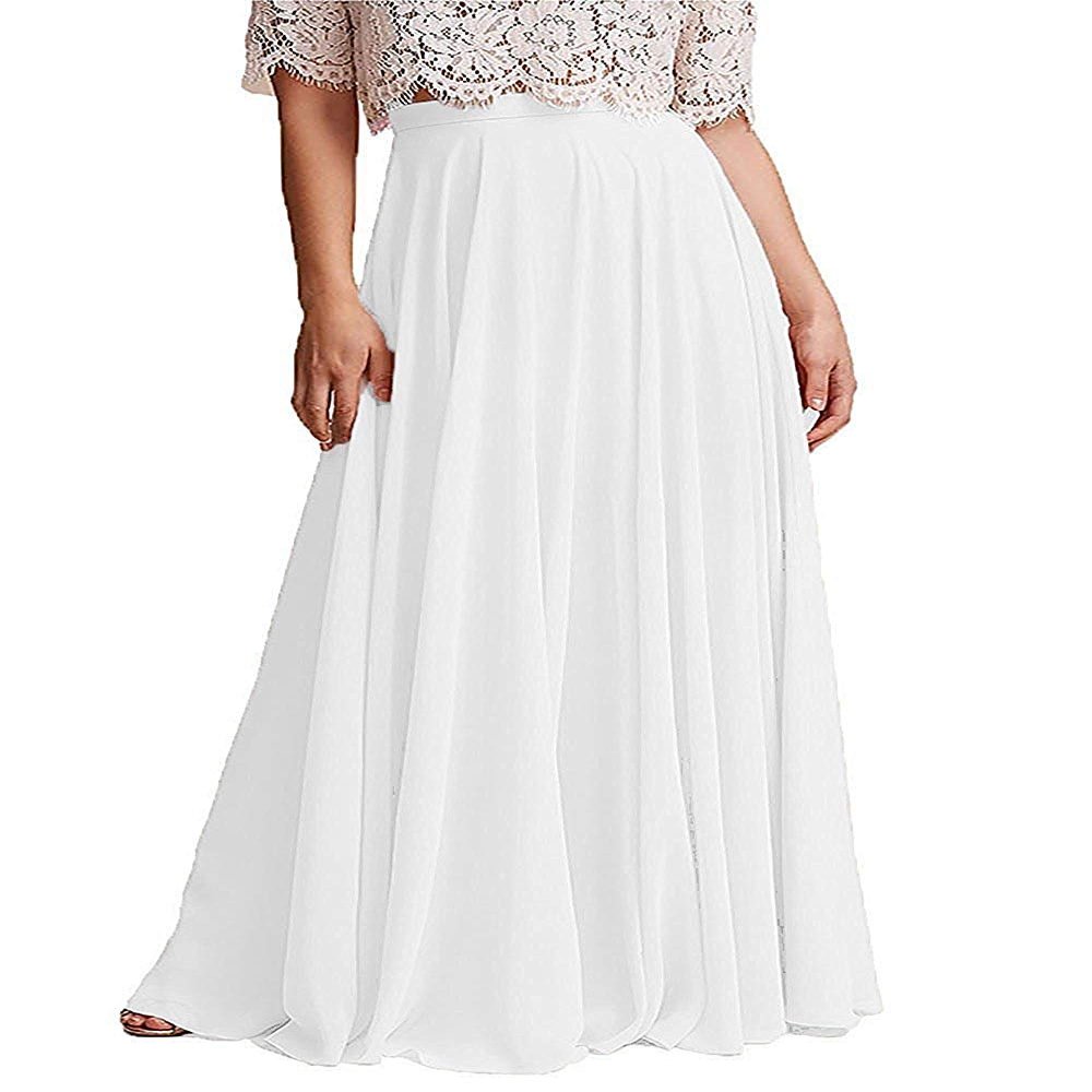 ELAWBTY Long Maxi Floor Lengh Chiffon Skirt Elastic High Waist Bridesmaid Skirt White S-M