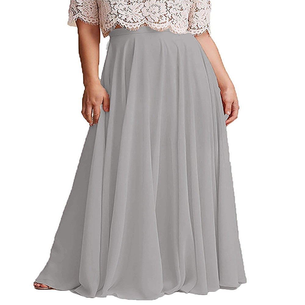 ELAWBTY Long Maxi Floor Lengh Chiffon Skirt Elastic High Waist Bridesmaid Skirt Silver Grey L