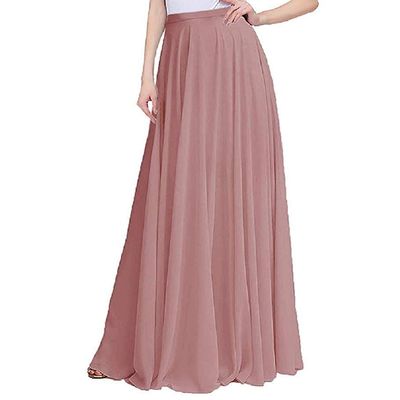 ELAWBTY Long Maxi Floor Lengh Chiffon Skirt Elastic High Waist Bridesmaid Skirt Dusty Pink L