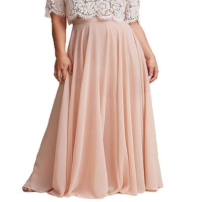ELAWBTY Long Maxi Floor Lengh Chiffon Skirt Elastic High Waist Bridesmaid Skirt Blush Pink XL-XXL