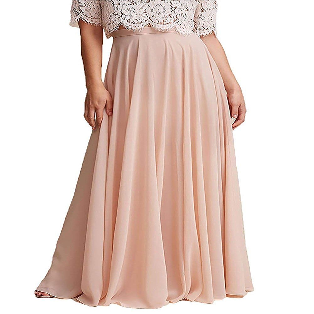 ELAWBTY Long Maxi Floor Lengh Chiffon Skirt Elastic High Waist Bridesmaid Skirt Blush Pink XL-XXL