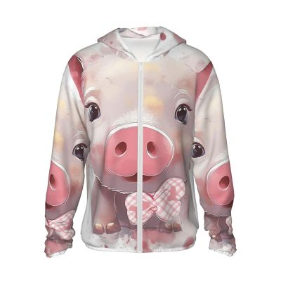Lovely Pig Sun Protection Hoodie Women Men Jacket UPF 50+ Long Sleeve Sun Shirt Full Zip Rash Guard Black