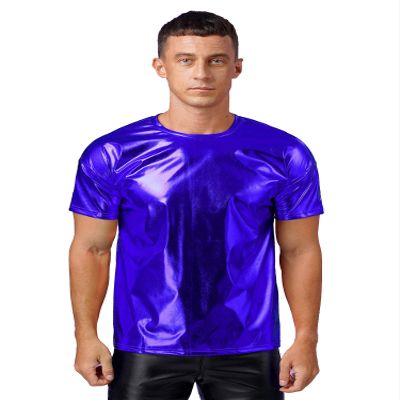 QinCiao Men's Shiny Short Sleeves Shirts Round Neck Dance Vest Tank Top Tee T-Shirts Clubwear Royal Blue Medium