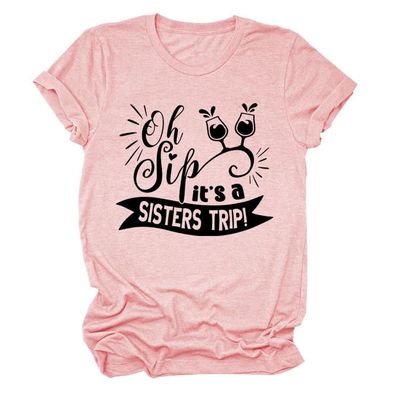 Women's T-Shirt Oh Sip It's A Sisters Trip Short Sleeve Crew Neck Graphic T Shirt Wine Party Vacation Casual Top Tee