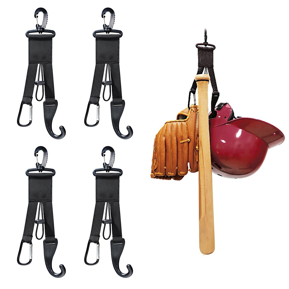 AJFHKJ Baseball Softball Gear Hanger Dugout Organizer -Multipurpose Hanging Buckle Metal Hangers for Hold Outdoor Sports Equipment, Camping, Gloves, Helmets, Bats, Water Bottle Holder (Black 4Pcs)