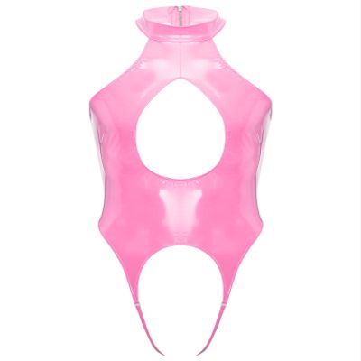 YiZYiF Men's Metallic Patent Leather Jockstrap Cutout High Cut Leotard Bodysuit Jumpsuit Wrestling Pink XX-Large
