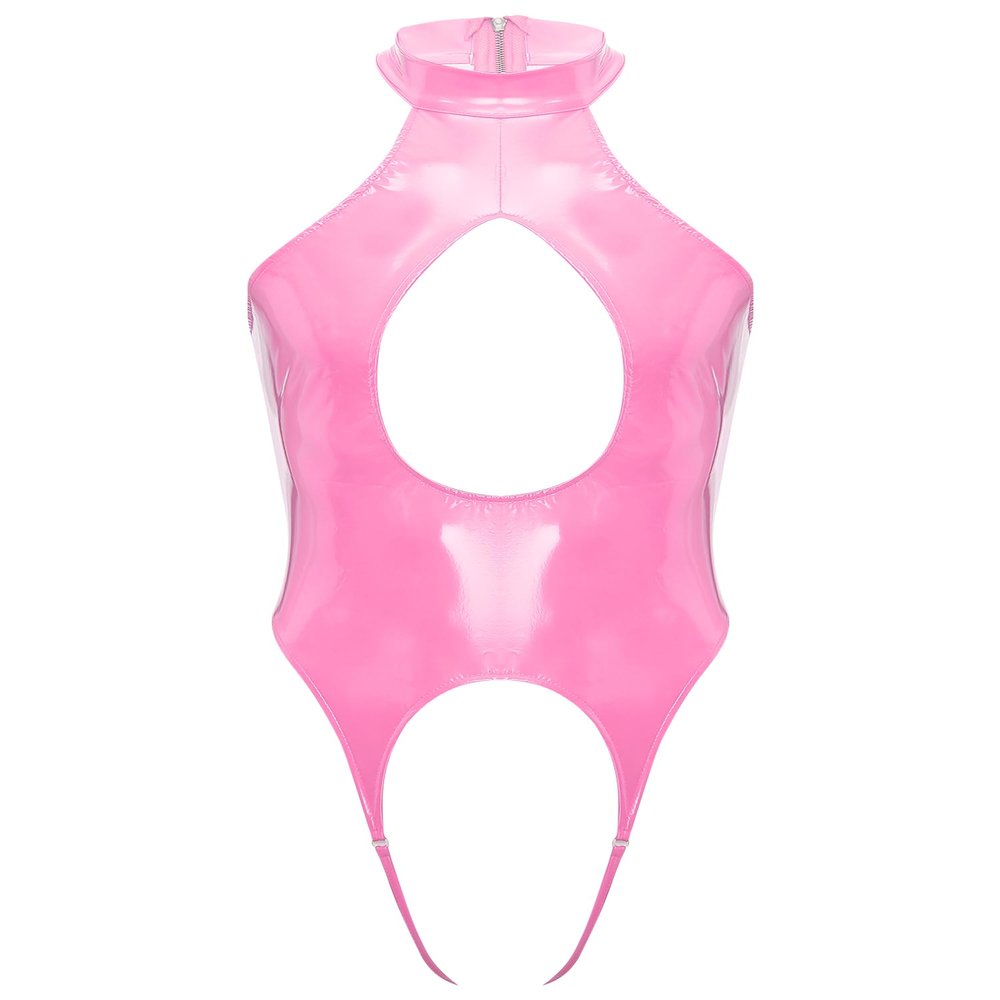 YiZYiF Men's Metallic Patent Leather Jockstrap Cutout High Cut Leotard Bodysuit Jumpsuit Wrestling Pink XX-Large