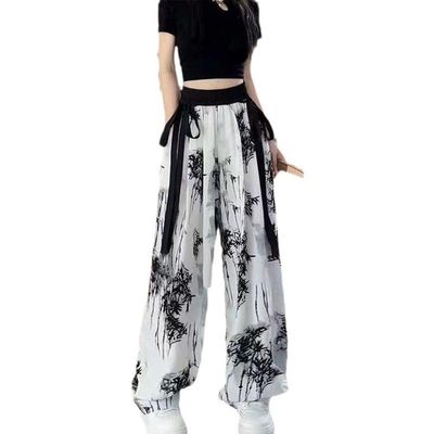 2024 Chinese Style Ink and ice Silk Wide Leg Pants, Summer Wide Leg Pants, Women's Casual Ribbon Leg mop Pants (wihie,L,Large)