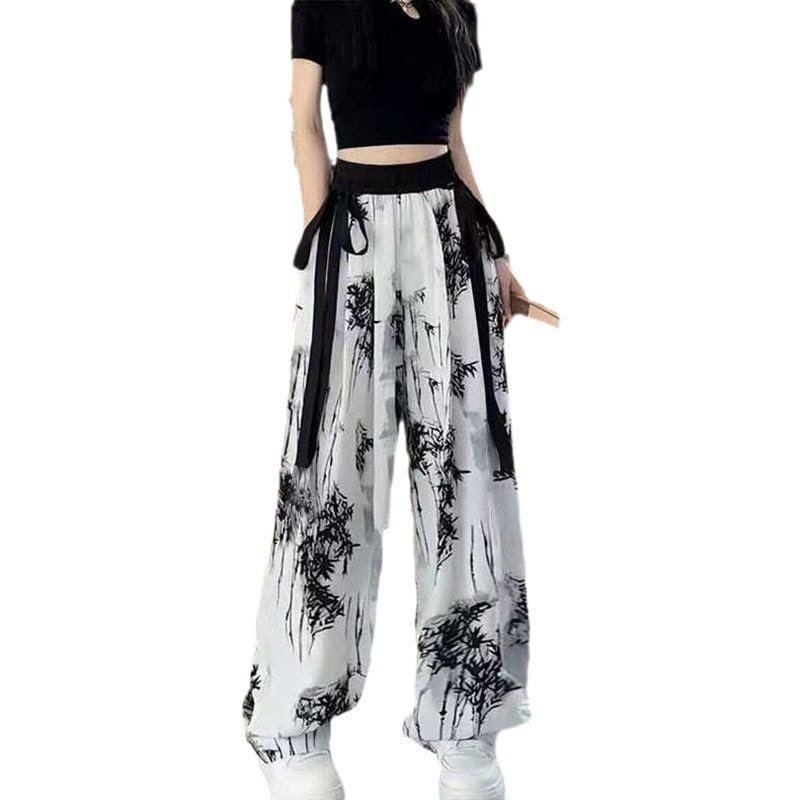 2024 Chinese Style Ink and ice Silk Wide Leg Pants, Summer Wide Leg Pants, Women's Casual Ribbon Leg mop Pants (wihie,L,Large)