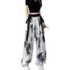 2024 Chinese Style Ink and ice Silk Wide Leg Pants, Summer Wide Leg Pants, Women's Casual Ribbon Leg mop Pants (wihie,L,Large) view 1