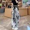 2024 Chinese Style Ink and ice Silk Wide Leg Pants, Summer Wide Leg Pants, Women's Casual Ribbon Leg mop Pants (wihie,L,Large) view 4
