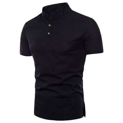 Men's Lightweight Cotton Linen Shirts Casual Short Sleeve Banded Collar Henley Top Hippie Beach Vacation Shirts Black