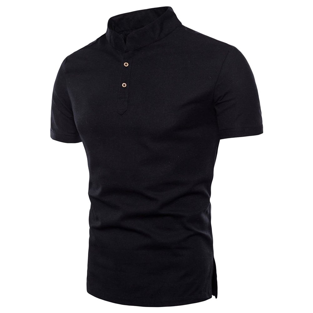 Men's Lightweight Cotton Linen Shirts Casual Short Sleeve Banded Collar Henley Top Hippie Beach Vacation Shirts Black