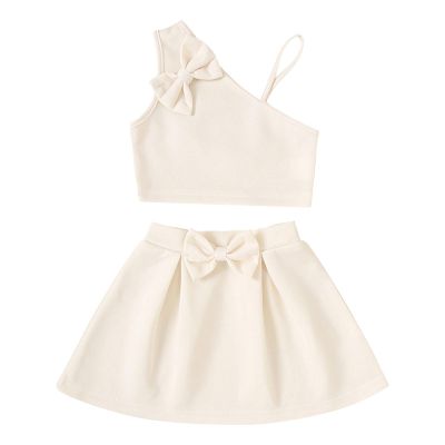 AMIMOJY Baby Girls Summer Dresses Kids One Shoulder Tank Top Halter Solid Shorts Skirt with Bow Casual Outfits Set 2Pcs, 4T, Beige