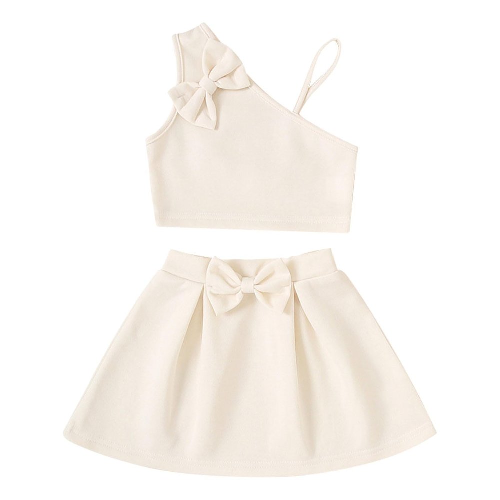 AMIMOJY Baby Girls Summer Dresses Kids One Shoulder Tank Top Halter Solid Shorts Skirt with Bow Casual Outfits Set 2Pcs, 4T, Beige