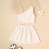 AMIMOJY Baby Girls Summer Dresses Kids One Shoulder Tank Top Halter Solid Shorts Skirt with Bow Casual Outfits Set 2Pcs, 4T, Beige view 2